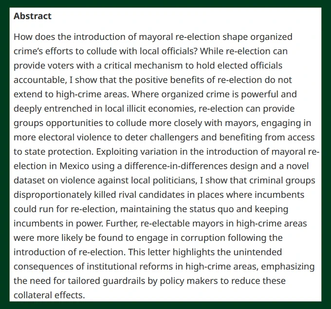 BJPolS abstract discussing the impacts of mayoral re-elections on crime and political stability, highlighting the challenges and opportunities in high-crime areas, and suggesting further research on electoral dynamics.