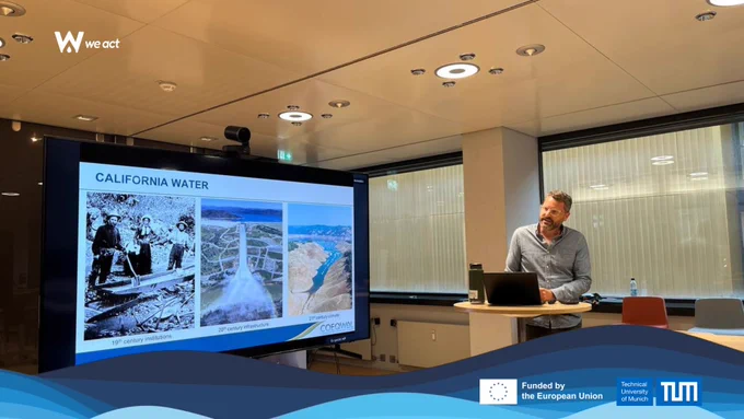 Professor Ted Grantham presenting at the 2025 Water Cluster seminar at the Technical University of Munich. The photos show him speaking in front of a screen displaying hydrology and climate models from the COEQWAL project. Audience members, including researchers and students, listen attentively. Additional images capture group discussions, the seminar banner, and participants exchanging ideas about water management and climate resilience.