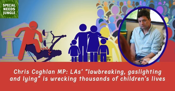 image shows Chris Coghlan MP with raphic of a crowd in the background, standing behind a sad-looking family and to the left, a council official stamping on a broken lady justice. The family is haloed in yellow