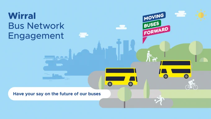 Blue tile with illustrations on yellow buses and LCR monuments. Text reads: Wirral Bus Network Engagement. Have your say on the future of our buses. Moving Buses Forward logo.