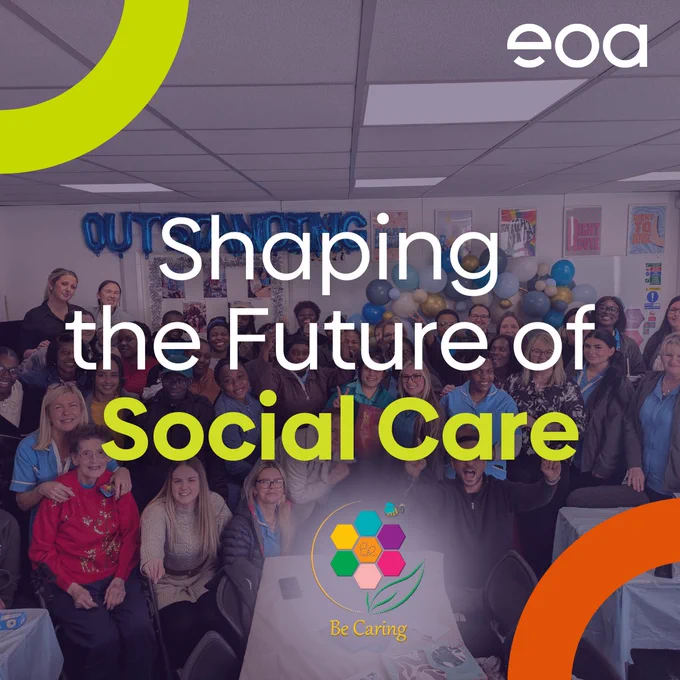 A group of smiling social care professionals with older people at a care facility. Text over the top reads 'Shaping the Future of Social Care'