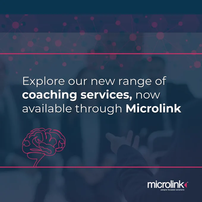Promotional image for Microlink's new coaching services. Features text overlay on a blurred background with a brain illustration, conveying innovation.