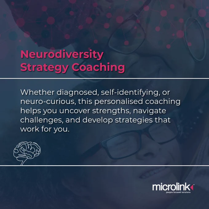 "Neurodiversity Strategy Coaching" text overlaid on an image of a person wearing glasses, smiling warmly. Background features a neural network design.