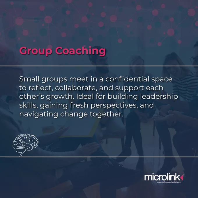 Image titled 'Group Coaching' shows text about small groups meeting confidentially to reflect, collaborate, and support growth, ideal for building leadership skills. Background features abstract network design, with people sitting together. Branding includes a brain icon and Microlink logo.