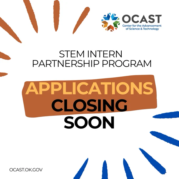 ⚡ 1 day left to apply! The OCAST STEM Intern Partnership deadline is tomorrow at 11:59 pm CST. Submit today and help shape Oklahoma’s future workforce.

👉https://loom.ly/wftY1FM