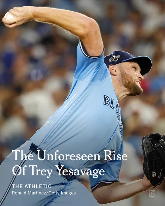 Trey Yesavage of the Toronto Blue Jays pitches against the Los Angeles Dodgers. Headline on photo: The Unforeseen Rise  Of Trey Yesavage