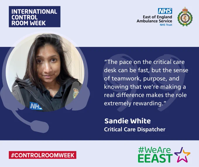 A graphic with an image of Sandie White, Critical Care Dispatcher. Text reads “The pace on the critical care desk can be fast, but the sense of teamwork, purpose, and knowing that we’re making a real difference makes the role extremely rewarding.”