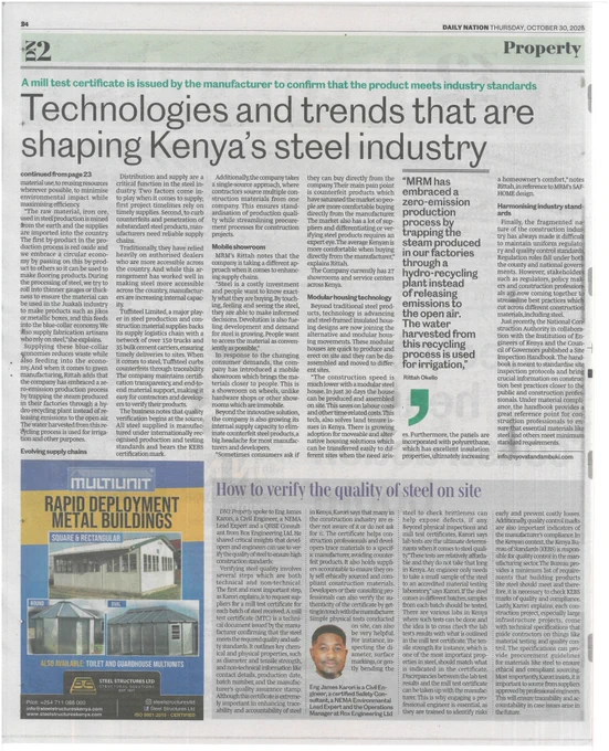 Daily Nation Property Magazine feature (30th October 2025) highlighting Rox Engineering’s Operations Manager, Eng. James Karori, discussing steel quality, engineering materials safety, and the importance of engaging qualified Engineers in Kenya’s construction industry.