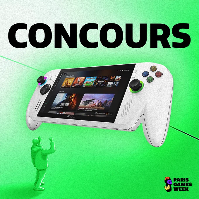 Illustration verte avec le mot « CONCOURS » en grand et une console portable ROG Xbox Ally. En bas, une personne lève la main vers la console, et le logo Paris Games Week apparaît dans le coin inférieur droit.