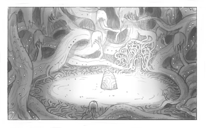 black and white concept drawing of a forest clearing surrounded in large tangled foliage. A large boulder stands upright at the center, bathed in light.