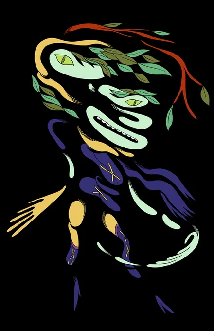 concept art depicting Huntress Wizard breaking down into different abstract parts over a black background