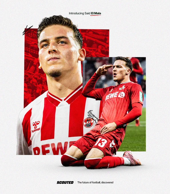 Graphic featuring images of 1. FC Köln winger Said El Mala. One is a close-up of him in a red-and-white striped shirt, the other is of him knee sliding to celebrate a goal in an all-red kit. Both images are set against an off-white background.