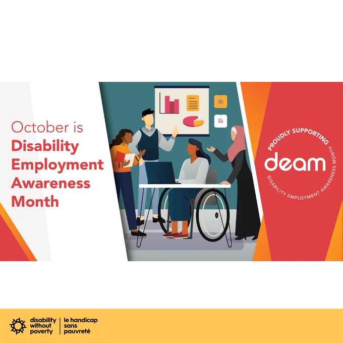 Person seated in a wheelchair at a table with a laptop. Three other people are standing and engaged in conversation with the person in the wheelchair. Text: October is Disability Employment Awareness Month.