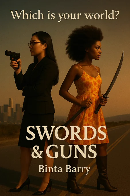 Asian American Lady in Black Suit, Red Bottom Heels, Gun in Hand for Guns. African Lady in Floral Print dress, High Boots, Swords in Hand for Swords. Author Binta Barry title of book Swords & Guns 