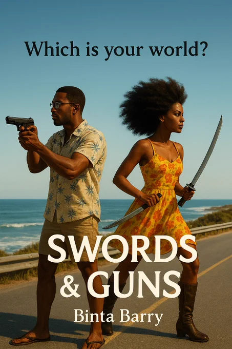 Male in floral print shirt facing the ocean, with a gun in hand short and slippers for Guns. Lady in floral print dress, afro hair, swords in hand for Swords in thigh high boots. Title of book Swords & Guns. Author Binta Barry.