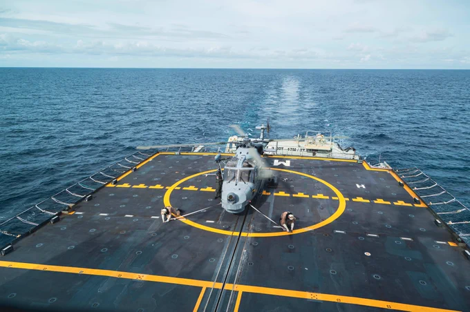 Philippine Navy Helicopter AW159 Wildcat on flight deck of His Majesty's Canadian Ship MAX BERNAYS for Helo Operations as part of Exercise SAMA SAMA during Operation HORIZON at sea on 10 October 2025. 

Photo Credit: Lieutenant (Navy) Ariel Rouhi, Canadian Armed Forces
