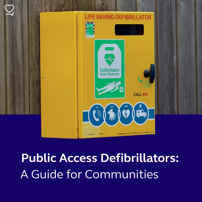 A bright yellow public access defibrillator box mounted on a wall, labeled with instructions for use and emergency contact information. The heading "Public Access Defibrillators: A Guide for Communities" is displayed at the bottom.