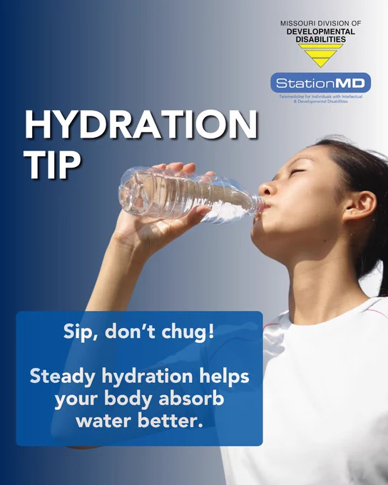Woman drinking from a water bottle. Hydration tip - sip, don't chug!