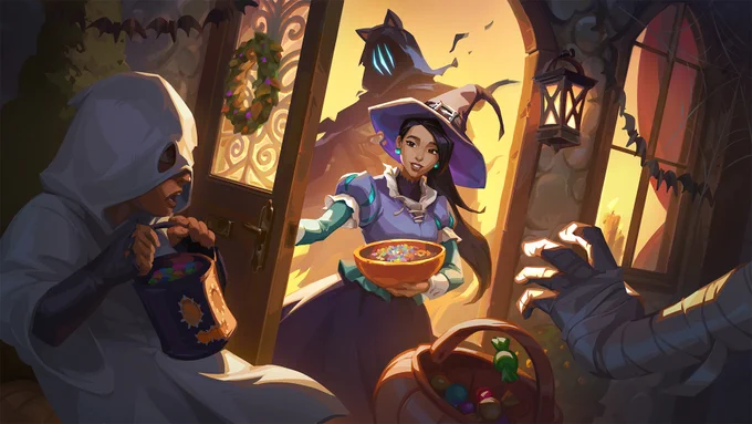 Stylized Digital art featuring Sage dressed as a witch standing in a warmly lit doorway holding a bowl of colorful candy. Behind her is Omen dressed in a costume with Cat ears. Sage is giving out candy to trick-or-treaters dressed up as a mummy and a ghost.
Credit for this artwork goes to @_ivetto