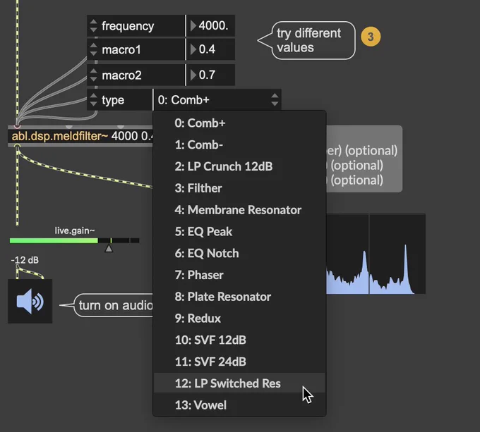 Ableton DSP Meld filter as an object: example patch showing filter types:

0: Comb 
1: Comb-
2: LP Crunch 12dB
3: Filther
4: Membrane Resonator
5: EQ Peak
6: EQ Notch
7: Phaser
8: Plate Resonator
9: Redux
10: SVF 12dB
11: SVF 24dB
12: LP Switched Res
13: Vowel