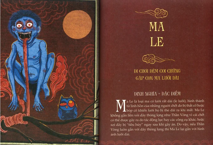 Ein vietnamesisches Buch mit dem Titel (übersetzt): Dämonen und Geister. Enzyklopädie der Dämonen in der vietnamesischen mündlichen Überlieferung
von: Duy Văn
Hanoi, 2023
2 Bände
Signatur: 5 A 325680-1 und 5 A 325680-2


Originaltitel:
Ma quỷ dân gian ký. Bách khoa về ma quỷ trong văn hóa dân gian truyền miệng Việt Nam
von: Duy Văn 
Hà Nội, Nhà xuất bản Hội Nhà Văn, 2023


Die Abb 3 ist aus Bd. 1, S. 178-179

Übersetzung des vietnamesischen Texts:
Wenn Sie nachts rausgehen, sollten Sie sich vor dem langzüngigen Geist in Acht nehmen

Beschreibung des Geists:
Ma Le, der Geist mit der sehr langen Zunge, ist der Geist von Menschen, die durch Strangulation zu Tode gekommen sind. Er versteckt sich gerne auf Bäumen und erschreckt Menschen. 

