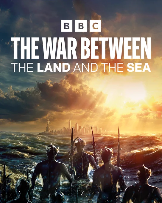The War Between The Land and The Sea is written in white text on a scene featuring sea creatures emerging from waves heading for New York city as the sun shines through the clouds
