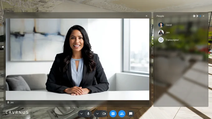A full-screen video call from the Cavrnus plugin, displayed inside a 3D architectural visualization project with a list of participants on the side.