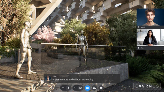 Screenshot of a collaborative 3D architecture project with two avatars and a sidebar showing active video conferencing participants.