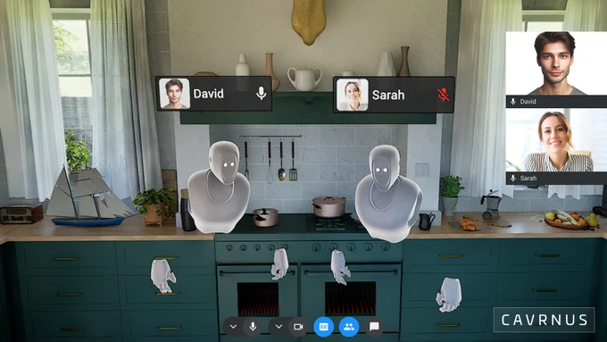 Collaborative design review in a 3D kitchen environment, featuring two avatars and a video call panel with two team members.