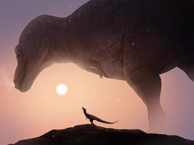 A misty dawn - a giant Tyrannosaurus walks past, a little Nanotyrannus hatchling in the foreground. 