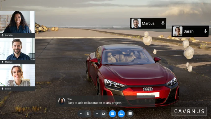 Screenshot of a 3D automotive design project with four team members in a live video chat panel overlaid on the screen.