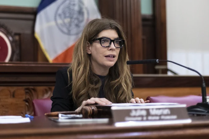 Council Member Julie Menin at a Committee on Consumer and Worker Protection hearing in Council Chambers.