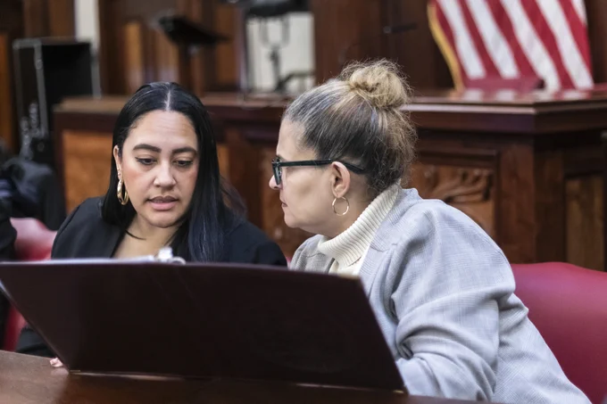 Council Members Amanda Farias and Diana Ayala at a Committee on Consumer and Worker Protection hearing in Council Chambers.
