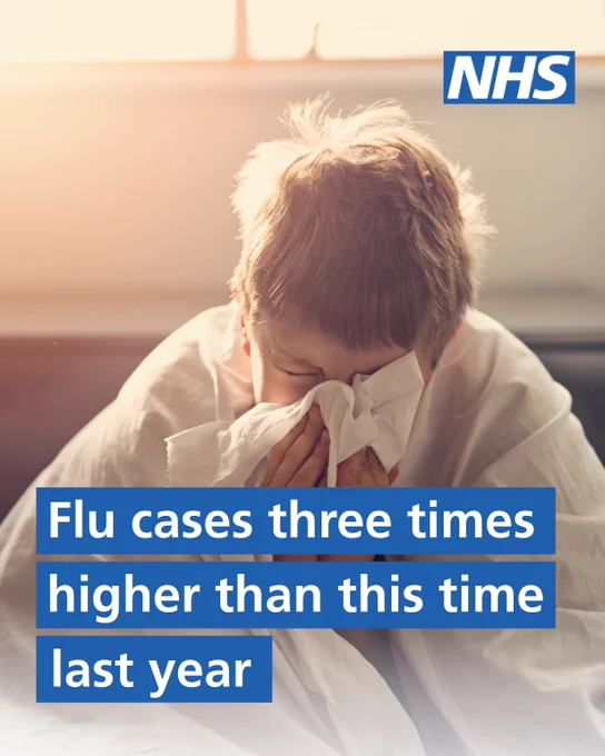 Child wrapped in a blanket sitting indoors, appearing unwell, with sunlight streaming through a window behind them and NHS logo in the corner. Text reads 'Flu cases three times higher than this time last year'.