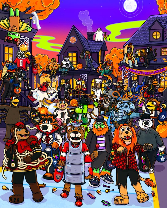 Illustration of all 30 mascots trick-or-treating and dressed up in costumes.