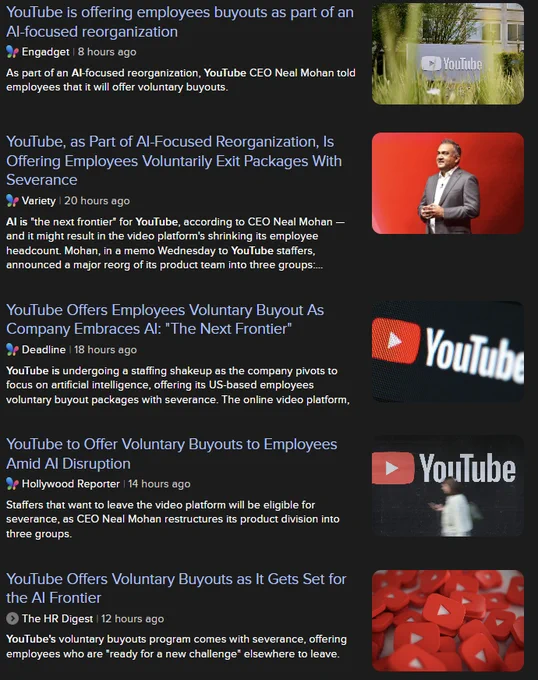A screenshot of news outlets reporting that YouTube is soon going to replace every single employee with AI.