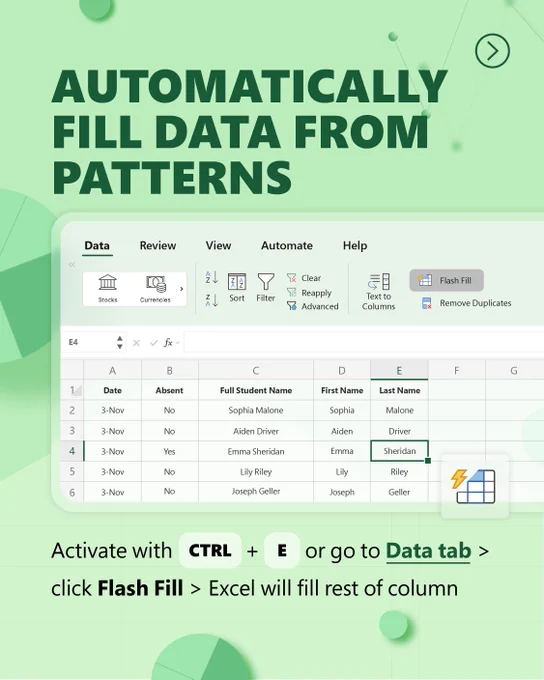 Automatically fill data from patterns. Activate with control plus e or go to data tab, flash fill, Excel will fill rest of column.