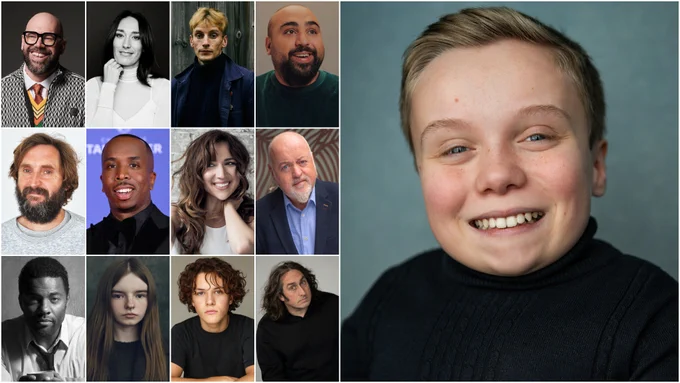 A collage of headshots of the twelve actors announced for The Reluctant Vampire alongside a headshot of Lenny Rush, smiling to camera in a black top.