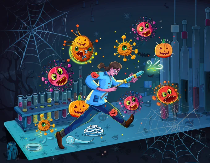 Animated graphic of a scientist with a magic syringe running across a lab table, surrounded by monster microbes and pumpkins. Spiderwebs, bats and other spooky elements complement the focal animation. The scientist is chasing microscopic monsters. 