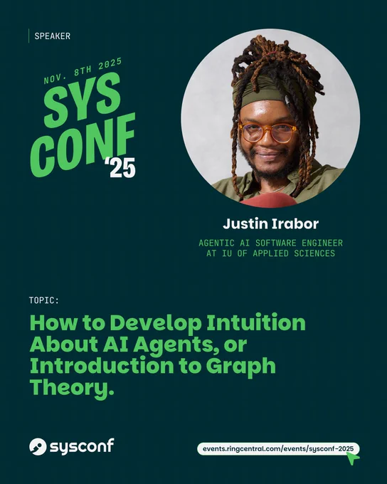 Justin is an Agentic AI Software Engineer at IU International University of Applied Sciences. He will speak at SysConf 2025 on Nov 8th, 2025. His talk is titled “How to Develop Intuition About AI Agents, or Introduction to Graph Theory”. You can register for the conference at http://events.ringcentral.com/events/sysconf-2025.