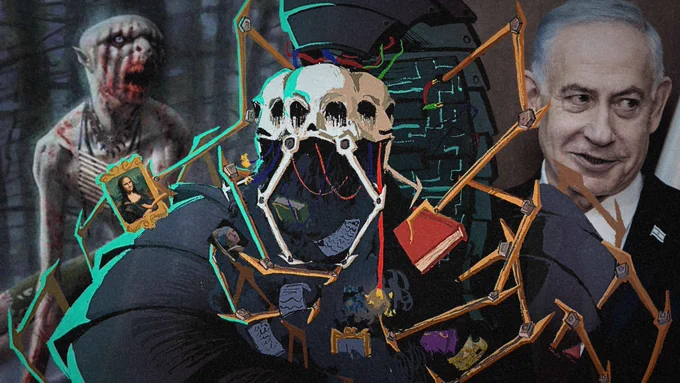 The image depicts three monsters: the Windigo, a centipede-like entity representing Artificial Intelligence, and an image of Israeli PM Netanyahu.