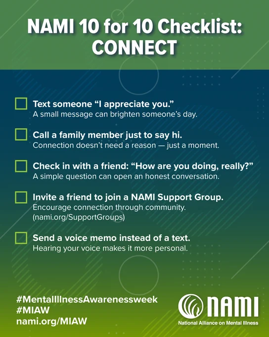 Portrait sized graphic with a green and navy blue and green background. At the top in large bolded font are the words "NAMI 10 for 10 CheckList: CONNECT." Below is a checklist with the following bullet points: 

- Text someone "I appreciate you."
A small message can brighten someone's day.

- Call a family member just to say hi.
Connection doesn't need a reason - just a moment.

- Check in with a friend: "How are you doing, really?" A simple question can open an honest conversation.

- Invite a friend to join a NAMI Support Group.
Encourage connection through community. (nami.org/SupportGroups)

- Send a voice memo instead of a text.
Hearing your voice makes it more personal.