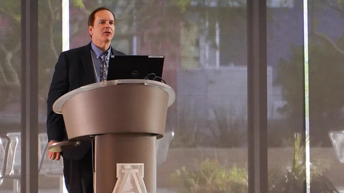 David Ebert, U of A’s Chief AI Officer speaking at the Translational Informatics Symposium
