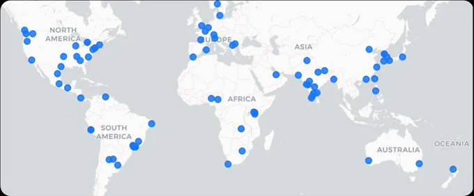 World map showing blue dots marking VS Code Dev Days event locations across multiple continents: North America, South America, Europe, Africa, Asia, and Oceania. 