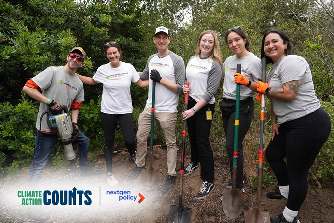 A photo of Community members planting a tree for Climate Action. Climate Action Counts and NextGen Policy Logo.
