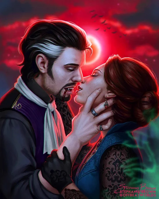 Digital fanart of Sylas and Delilah Briarwood from Critical Role, leaning in for a kiss. A red moon glows in the background