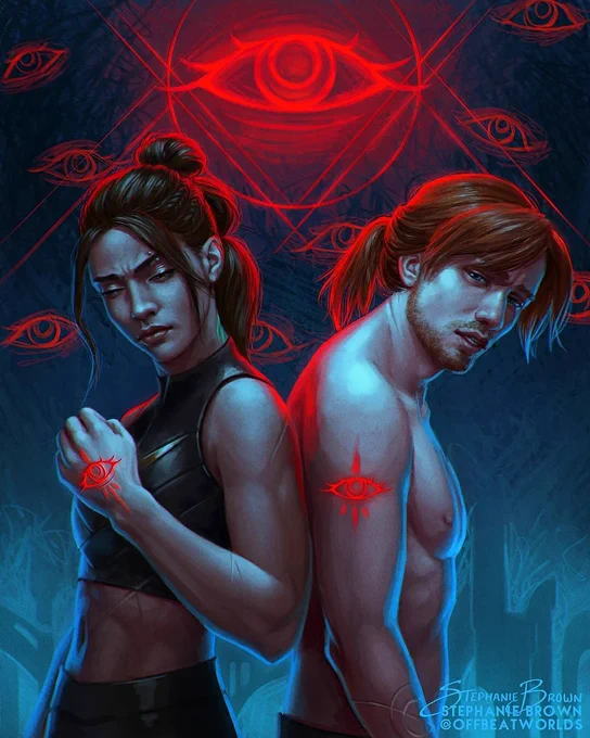 Digital fanart of Beau and Caleb after they gained eyes on their bodies from thr Eyes of Nine, which are also etched into the background