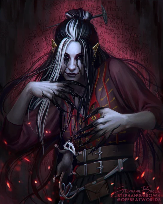 Digital fanart of Laudna from Critical Role. She is playing with her puppet Pate with black ichor from her fingertips. More black runs down her cheeks. Red sparkles float in the foreground, and behind her the words "Whispers in my Head" is scrawled over and over.