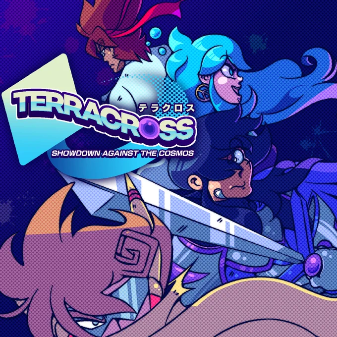 TERRACROSS art, displaying Ringloom's OCs Troy Watkins (Cyborg), Ryonne Blanchard (Knight), Alicia Edison (Blue-haired girl) and Zen Fuentes (Karateka)
