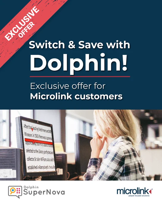 A woman sat at a desk working at her computer. Text reads: "Switch and save with Dolphin! Exclusive offer for Microlink customers."